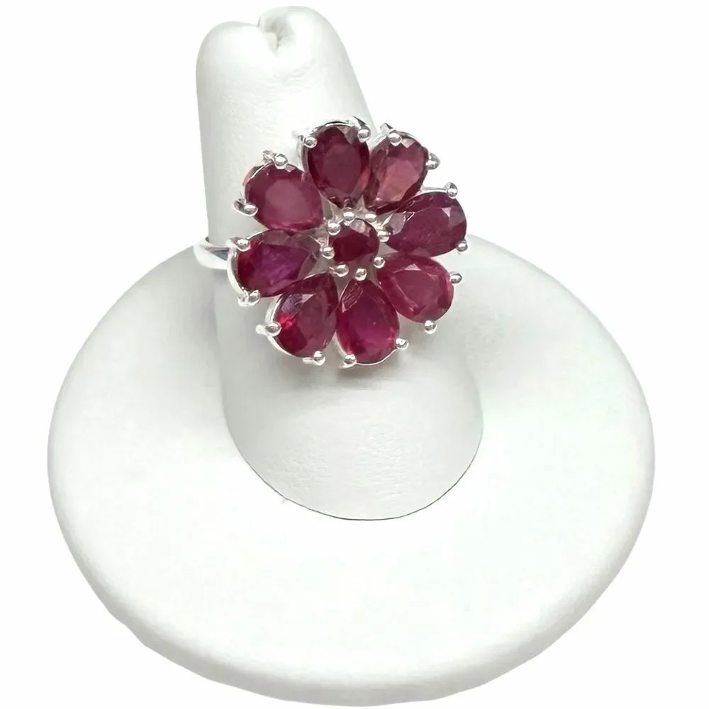 Ruby Flower Ring Size 6 Solid 925 Sterling Silver Daisy Multi Stone Statement